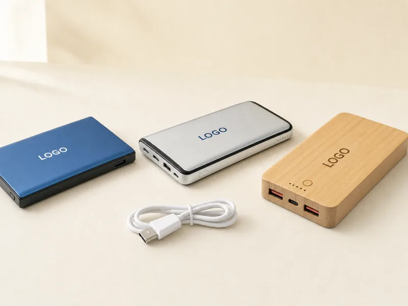 Powerbanks mit Logo aus Aluminium, Edelstahl und Bambus