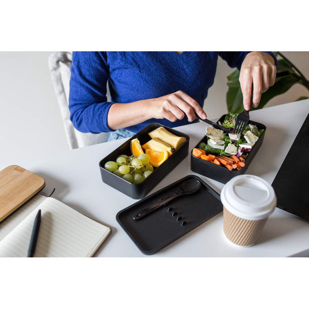Lunchbox 2 in 1, 2x500 ml, Deckel aus Bambus, Besteck | Tijani in Schwarz, Ansicht 2