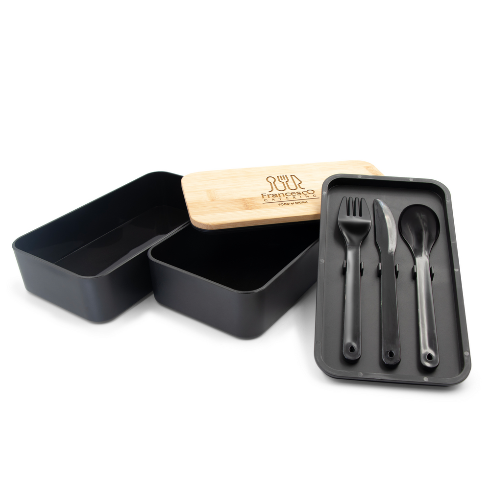 Lunchbox 2 in 1, 2x500 ml, Deckel aus Bambus, Besteck | Tijani in Schwarz