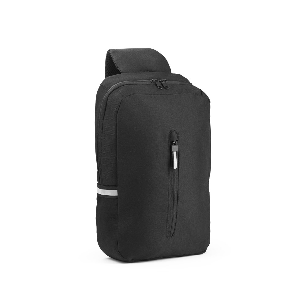 Rucksack mit einem Schultergurt aus 300D recyceltem Polyester und 600D recyceltem Polyester, mit 210D-Futter aus recyceltem Polyester | Delfos – Schwarz
