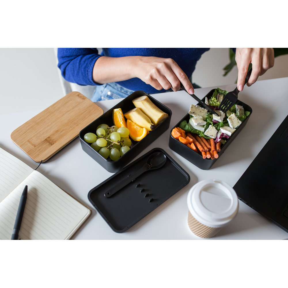 Lunchbox 2 in 1, 2x500 ml, Deckel aus Bambus, Besteck | Tijani in Schwarz, Ansicht 12