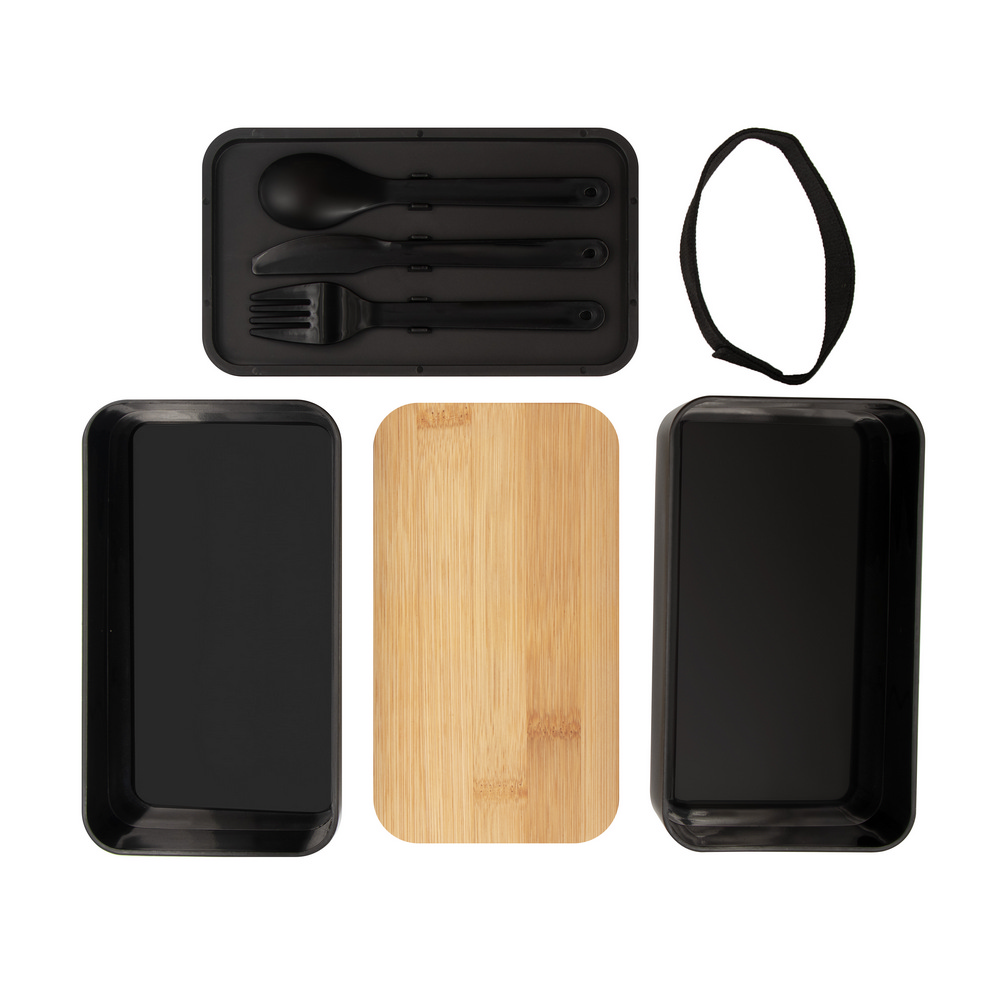 Lunchbox 2 in 1, 2x500 ml, Deckel aus Bambus, Besteck | Tijani in Schwarz, Ansicht 10