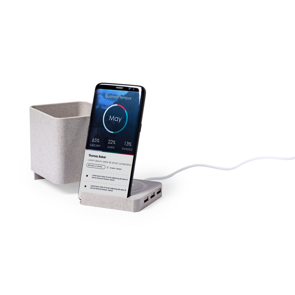 Drahtloses 5-W-Weizenstroh-Ladegerät, USB 2.0-Hub, Schreibwerkzeughalter, Telefonständer in Neutral, Ansicht 7