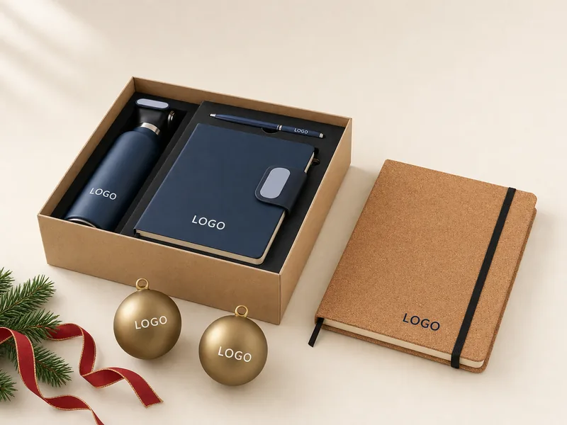 Geschenkset mit Isolierflasche, Notizbuch und Kugelschreiber mit Logo in Geschenkbox, dazu Weihnachtskugeln