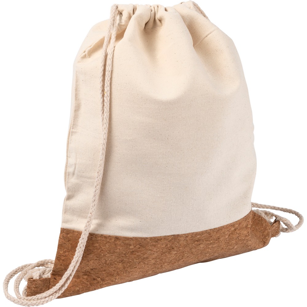 Beutel aus Baumwolle mit Kordel, Korkdetails in Beige, Ansicht 2