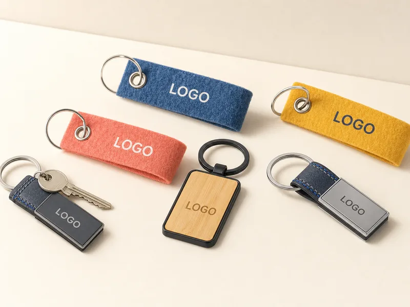 Schlüsselanhänger mit Logo aus Filz, Holz, Metall und PU