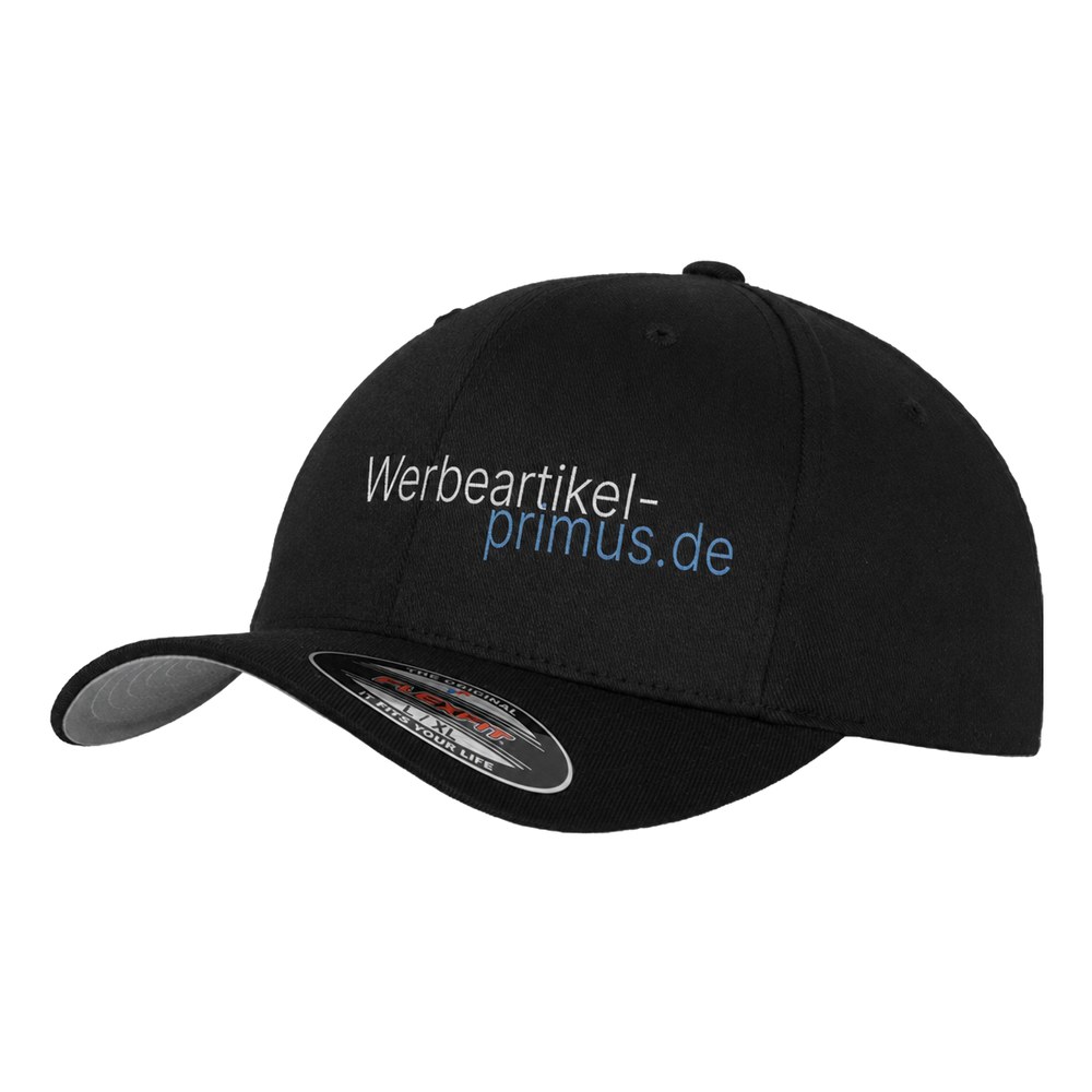 Schwarze Cap, zweifarbig bedruckt mit dem Logo Werbeartikel-primus.de