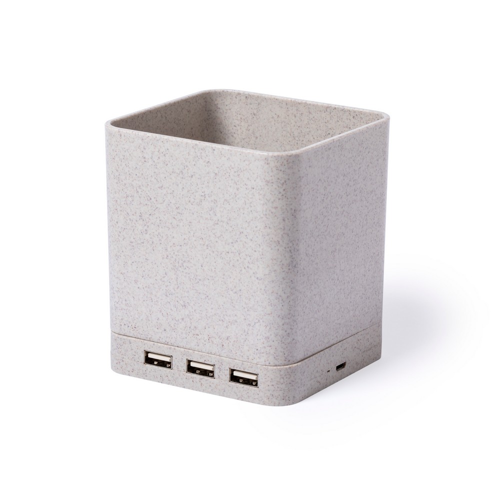 Drahtloses 5-W-Weizenstroh-Ladegerät, USB 2.0-Hub, Schreibwerkzeughalter, Telefonständer in Neutral, Ansicht 11