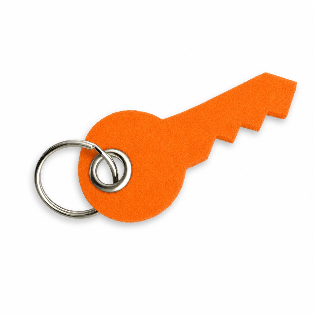 Filz-Schlüsselanhänger Schlüssel in Orange mit Metallöse und Schlüsselring – Werbeartikel aus 3 mm Filz