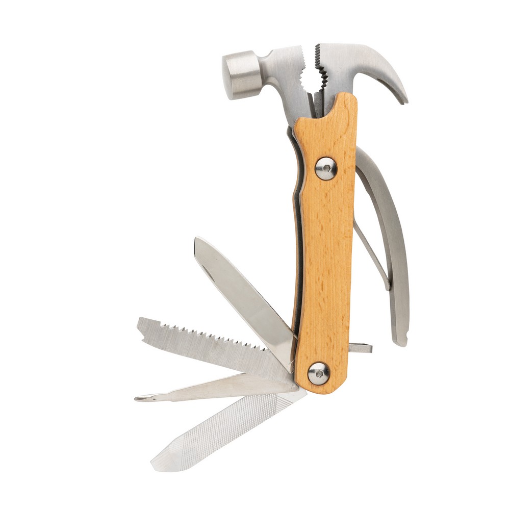 Hammer multi-tool made with FSC 100% beech wood, high hardness and corrosion resistant stainless steel (420). Rockwell hardness 42-52. The item comes with 10 functions: Plier, Nail Claw, Hammer, Wire cutter, File, Flat screwdriver, Bottle opener, Philips