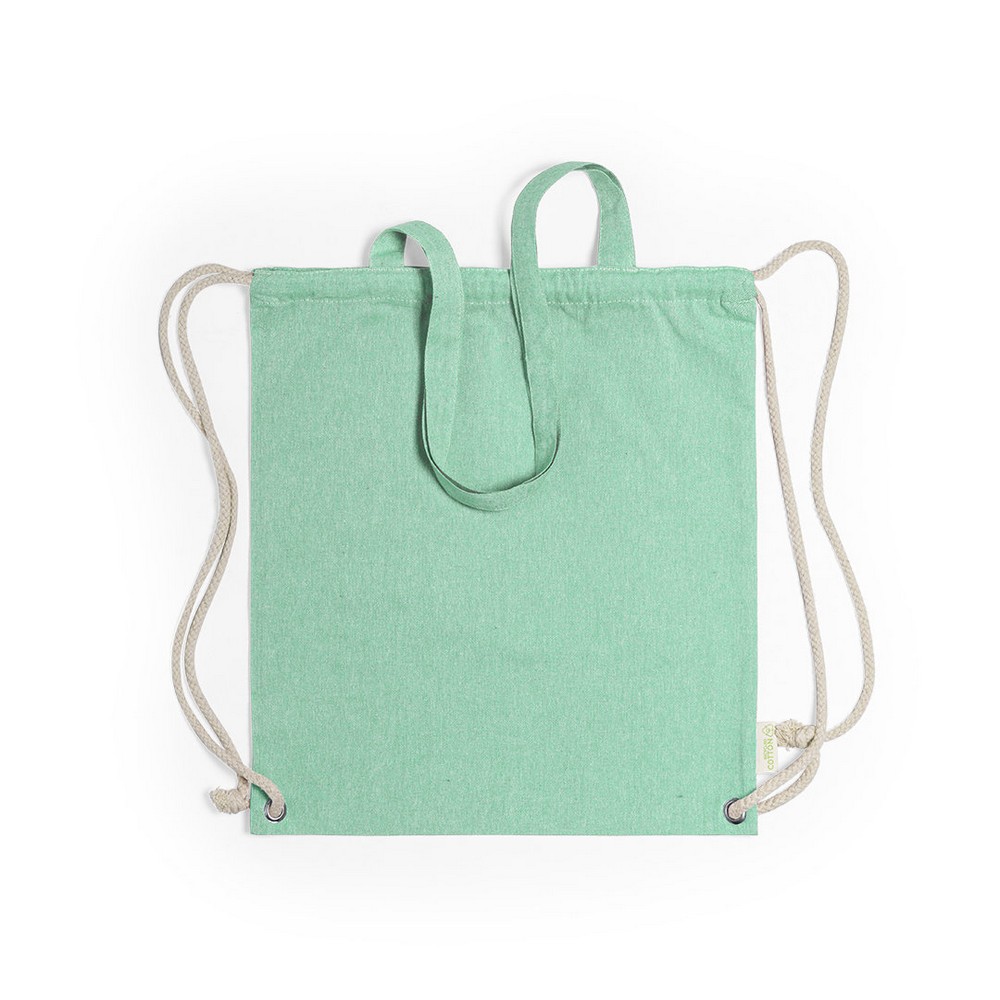 Baumwolltasche 2 in 1, Beutel mit Kordel, Einkaufstasche in Grün, Ansicht 2