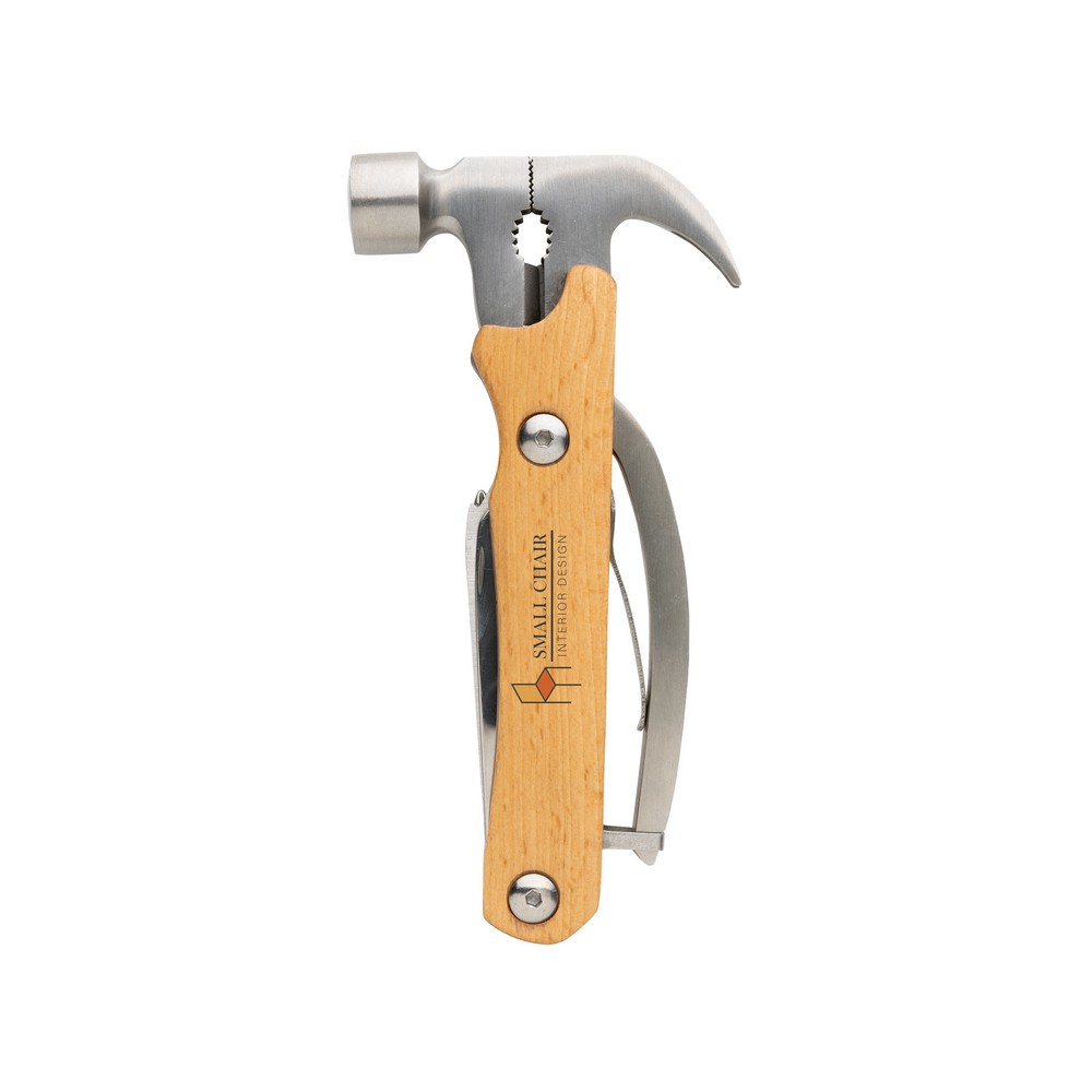 Hammer multi-tool made with FSC 100% beech wood, high hardness and corrosion resistant stainless steel (420). Rockwell hardness 42-52. The item comes with 10 functions: Plier, Nail Claw, Hammer, Wire cutter, File, Flat screwdriver, Bottle opener, Philips