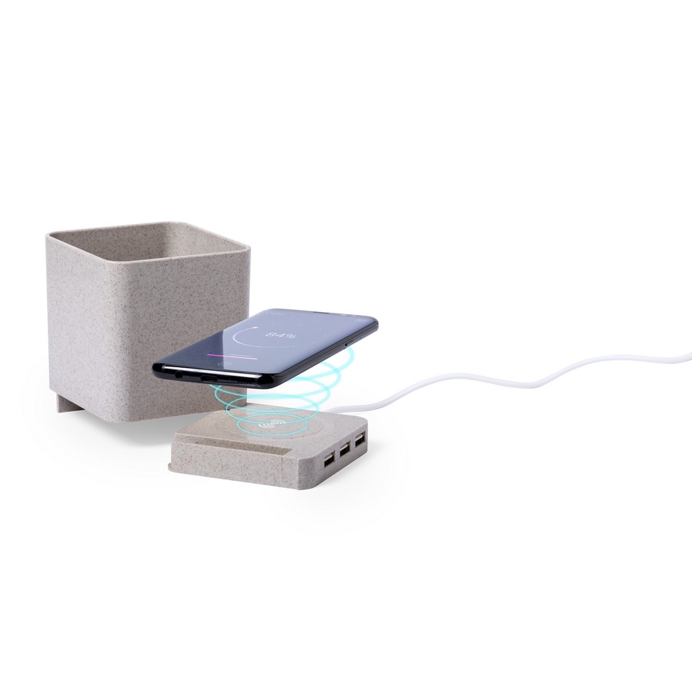 Drahtloses 5-W-Weizenstroh-Ladegerät, USB 2.0-Hub, Schreibwerkzeughalter, Telefonständer in Neutral