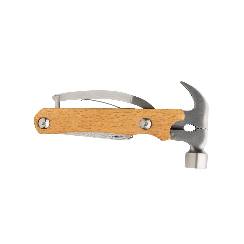 Hammer multi-tool made with FSC 100% beech wood, high hardness and corrosion resistant stainless steel (420). Rockwell hardness 42-52. The item comes with 10 functions: Plier, Nail Claw, Hammer, Wire cutter, File, Flat screwdriver, Bottle opener, Philips