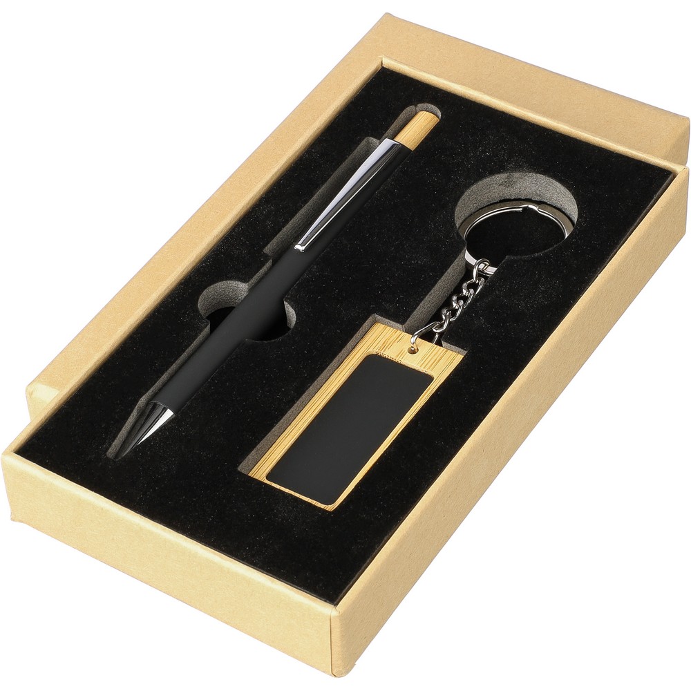Geschenkset, Kugelschreiber, Schlüsselanhänger in Schwarz, Ansicht 2