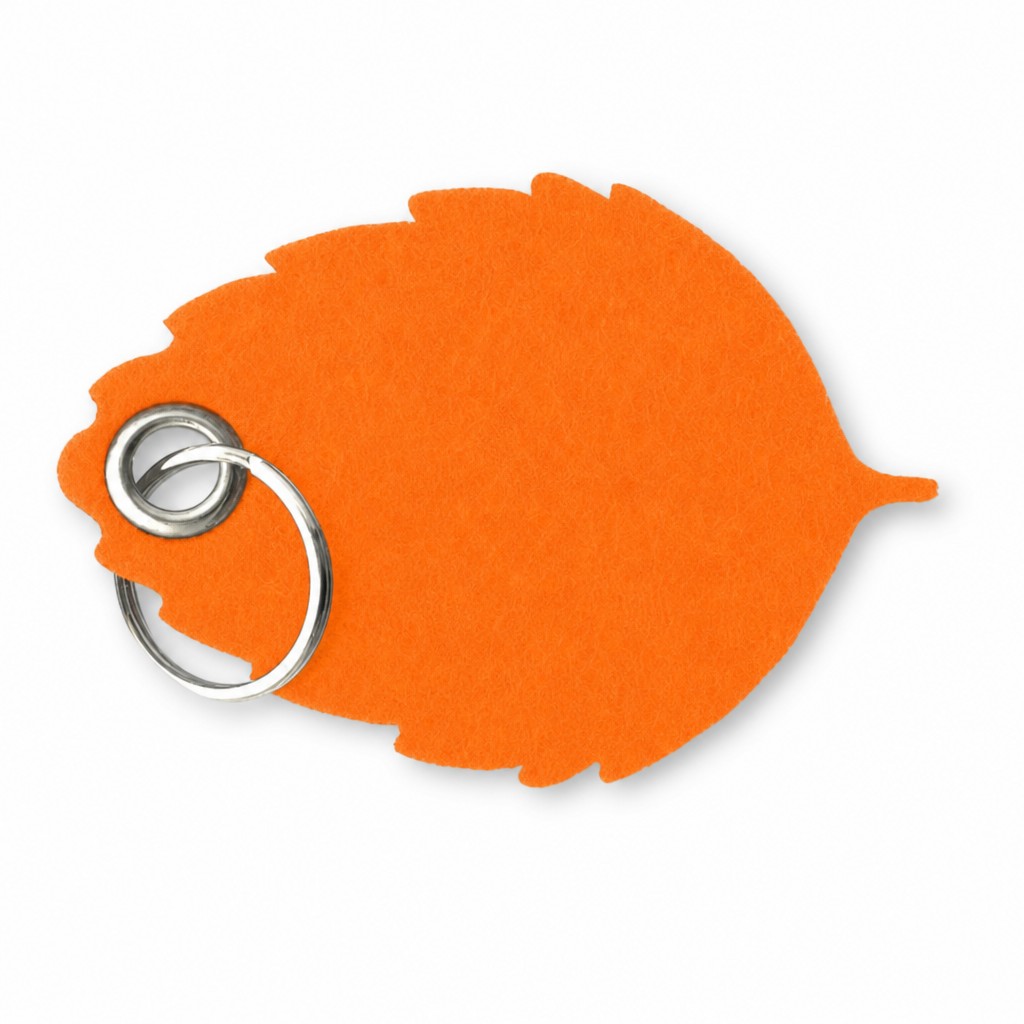 Filz-Schlüsselanhänger Blatt in Orange mit Metallöse und Schlüsselring – Werbeartikel aus 3 mm Filz