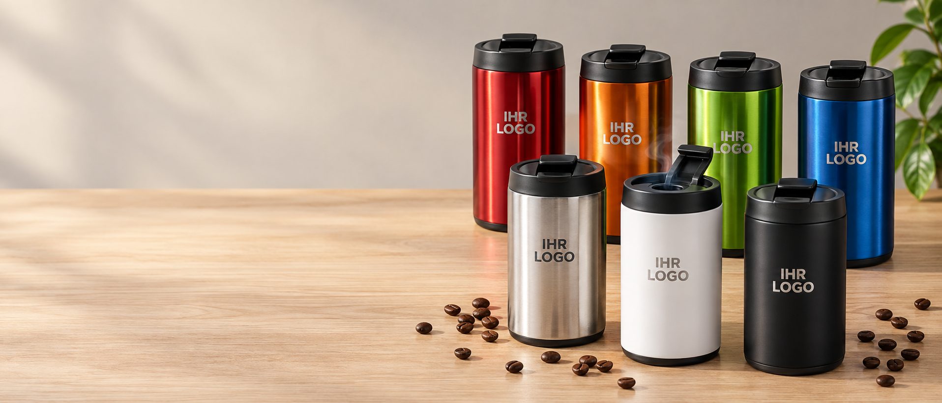 Isolierbecher Take Fast in sieben Farben – Rot, Orange, Grün, Blau, Silber, Weiß und Schwarz – mit Logo-Gravur