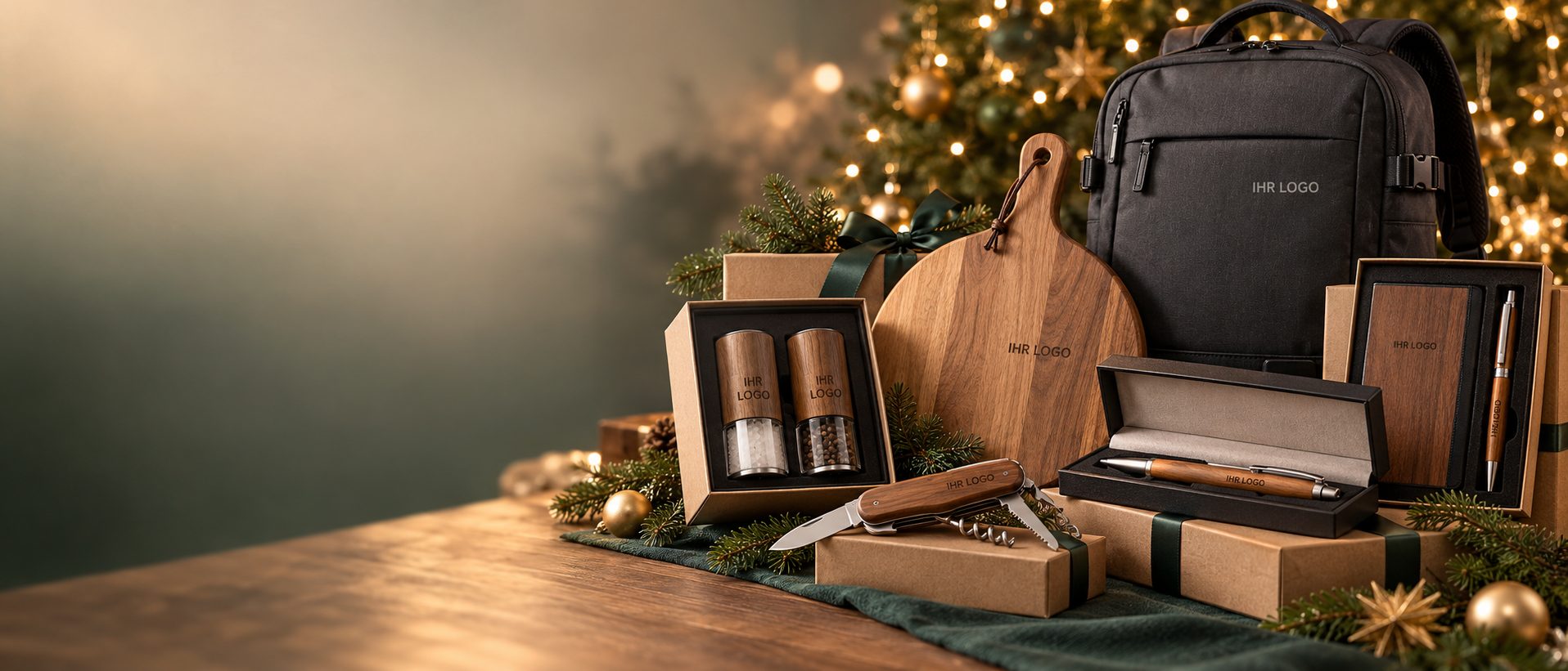 Weihnachtsgeschenke mit Logo: Rucksack, Schneidebrett, Taschenmesser, Schreibset und Gewürzmühlen in Geschenkverpackung unter dem Weihnachtsbaum