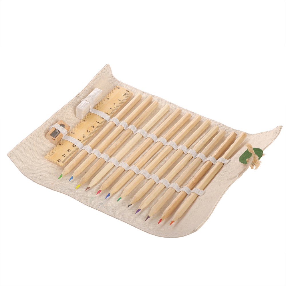 Schulset, Federtasche, 12 Stifte, Lineal, Radiergummi und Anspitzer | Kaleb in Beige