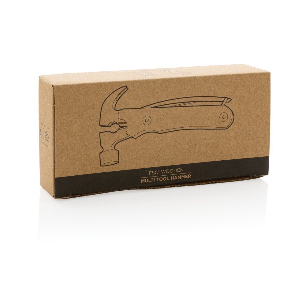 Hammer multi-tool made with FSC 100% beech wood, high hardness and corrosion resistant stainless steel (420). Rockwell hardness 42-52. The item comes with 10 functions: Plier, Nail Claw, Hammer, Wire cutter, File, Flat screwdriver, Bottle opener, Philips