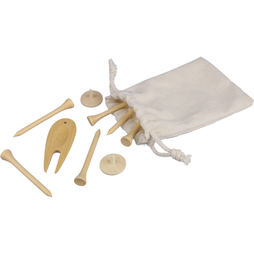 Set mit Golfzubehör aus Holz, bestehend aus 6 Holztees, 1 Bambus-Pitchgabel, 2 Holzmarkern, verpackt in einer Baumwolltasche mit Kordelzug und Anhänger im Inneren in Braun