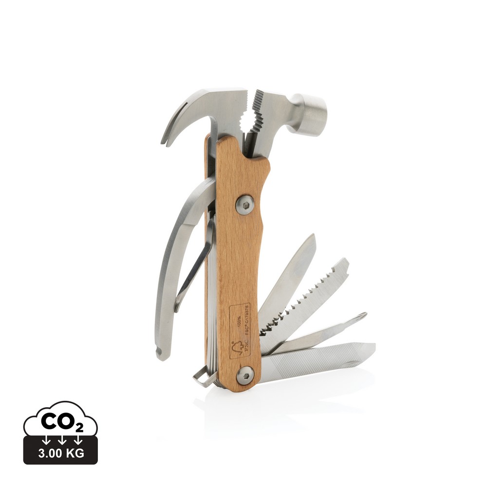 Hammer multi-tool made with FSC 100% beech wood, high hardness and corrosion resistant stainless steel (420). Rockwell hardness 42-52. The item comes with 10 functions: Plier, Nail Claw, Hammer, Wire cutter, File, Flat screwdriver, Bottle opener, Philips