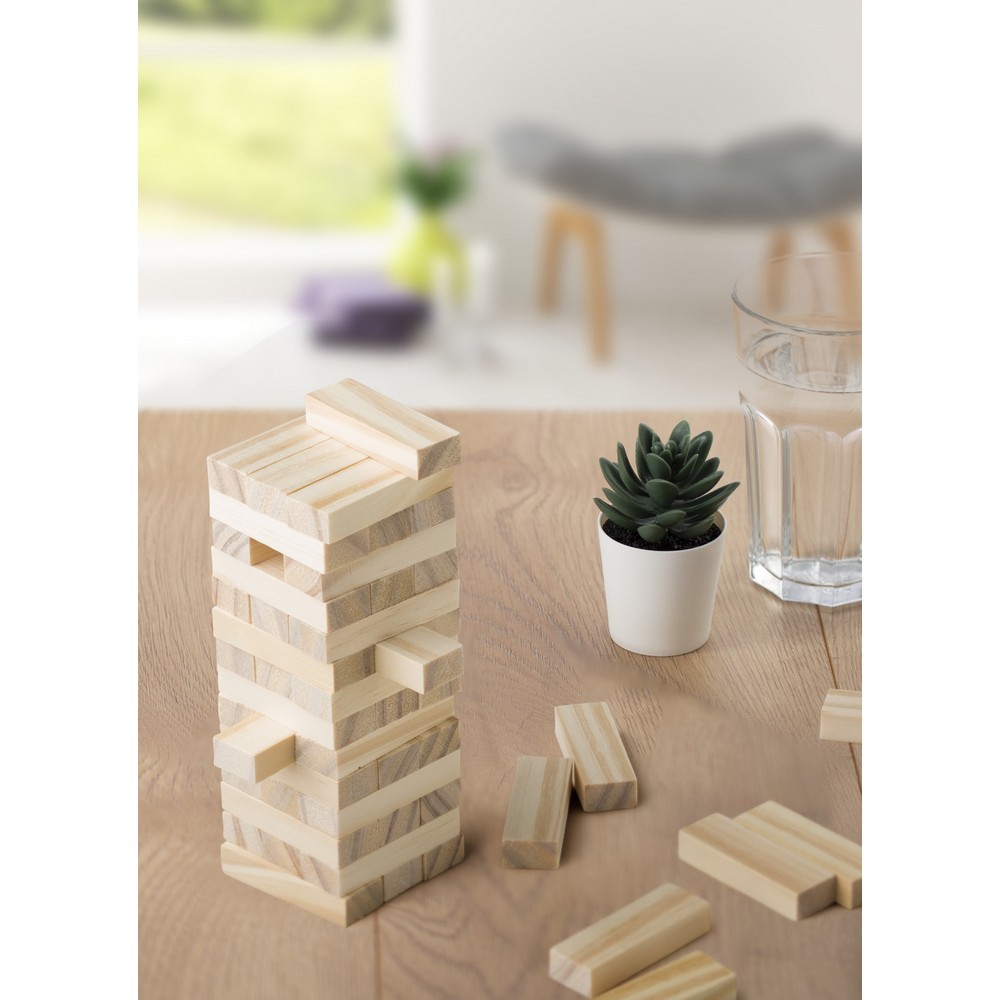 Ein hölzerner Geschicklichkeitsturm Arcade-Spiel aus Holz in Braun, Ansicht 2