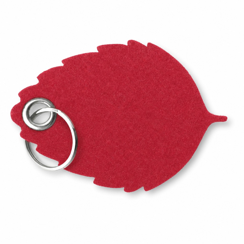Filz-Schlüsselanhänger Blatt in Rot mit Metallöse und Schlüsselring – Werbeartikel aus 3 mm Filz