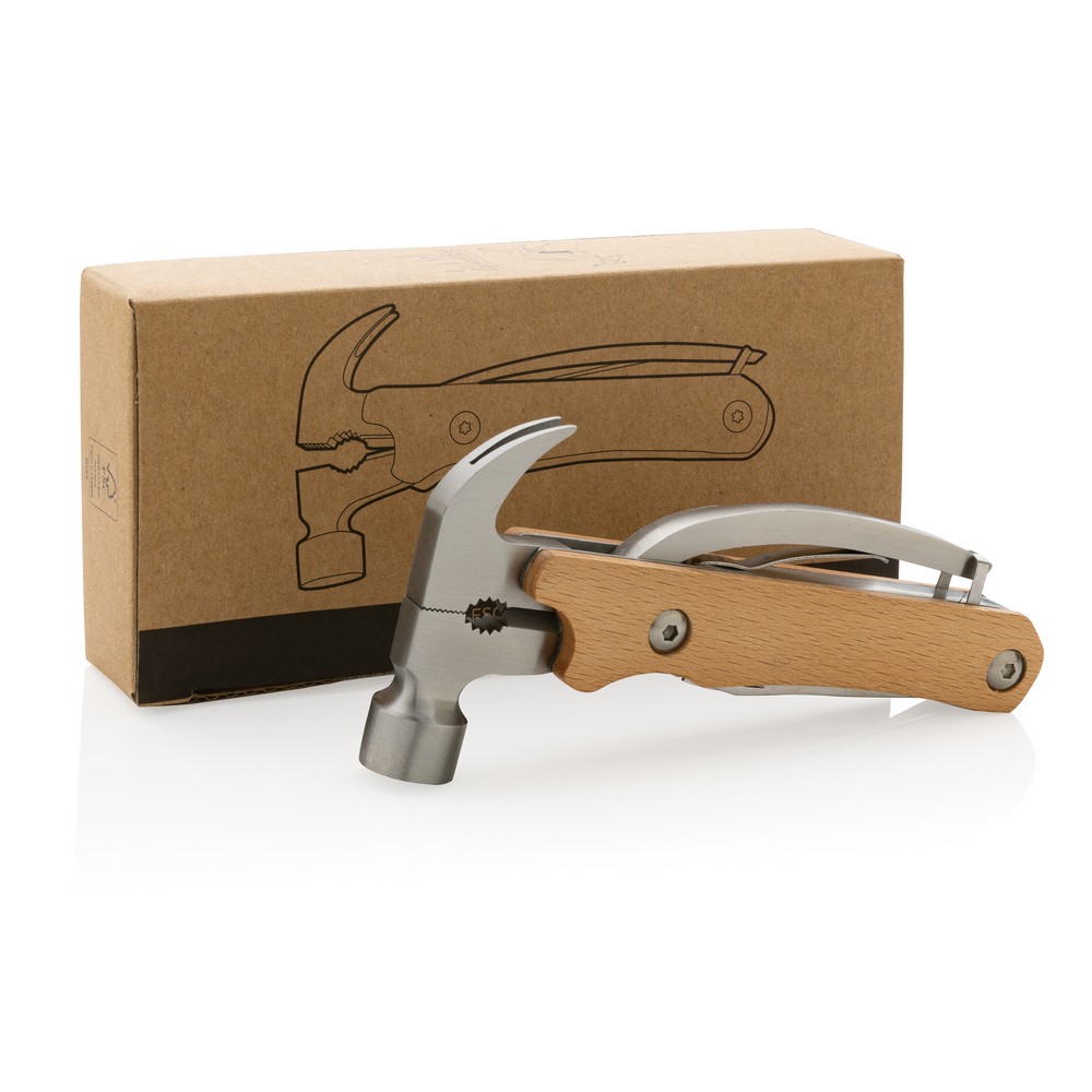 Hammer multi-tool made with FSC 100% beech wood, high hardness and corrosion resistant stainless steel (420). Rockwell hardness 42-52. The item comes with 10 functions: Plier, Nail Claw, Hammer, Wire cutter, File, Flat screwdriver, Bottle opener, Philips