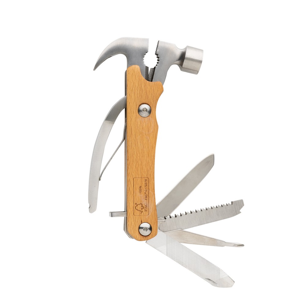 Hammer multi-tool made with FSC 100% beech wood, high hardness and corrosion resistant stainless steel (420). Rockwell hardness 42-52. The item comes with 10 functions: Plier, Nail Claw, Hammer, Wire cutter, File, Flat screwdriver, Bottle opener, Philips