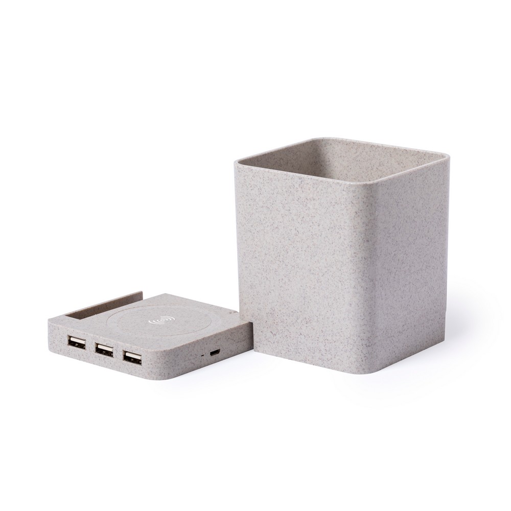 Drahtloses 5-W-Weizenstroh-Ladegerät, USB 2.0-Hub, Schreibwerkzeughalter, Telefonständer in Neutral, Ansicht 9