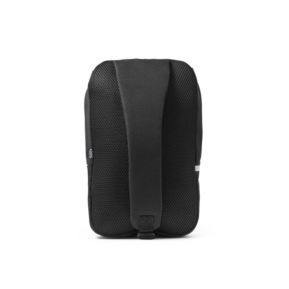 Rucksack mit einem Schultergurt aus 300D recyceltem Polyester und 600D recyceltem Polyester, mit 210D-Futter aus recyceltem Polyester | Delfos – Schwarz, Ansicht 3