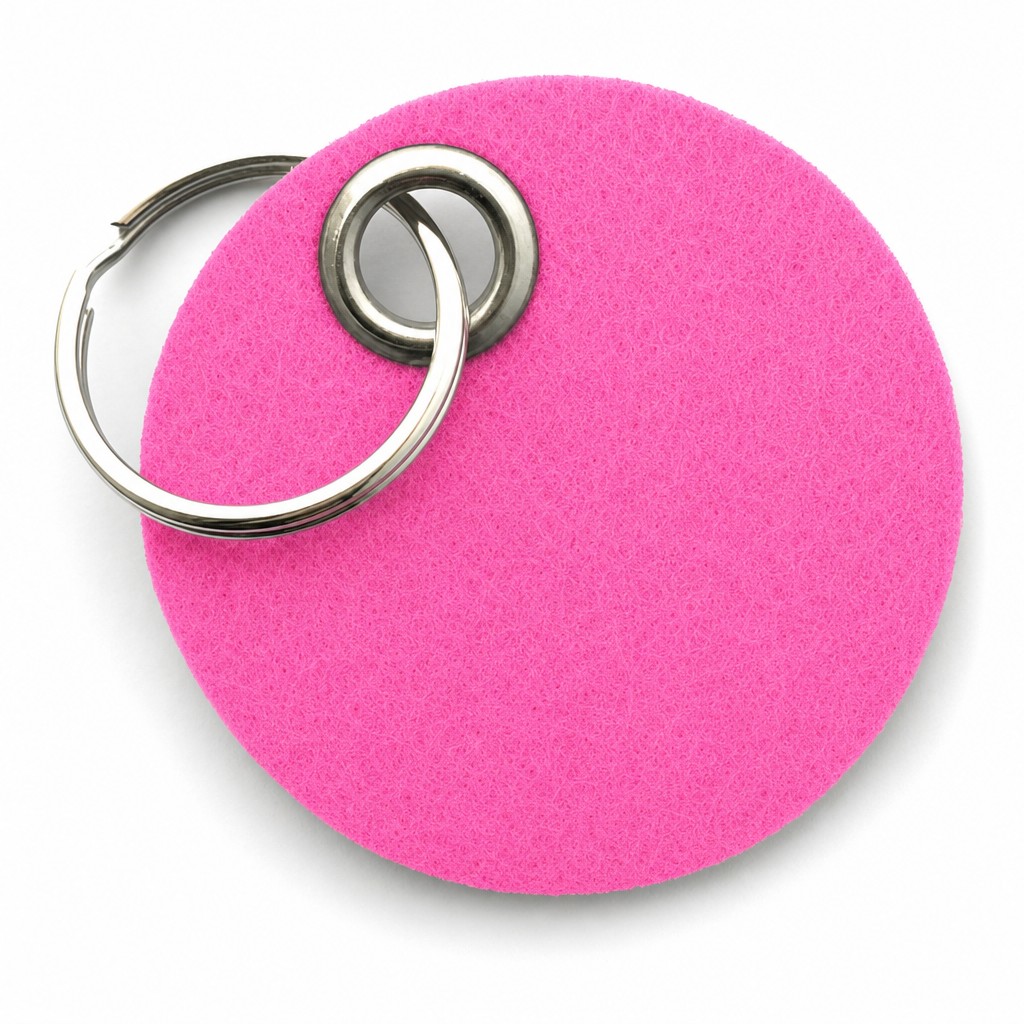 Filz-Schlüsselanhänger Scheibe in Pink mit Metallöse und Schlüsselring – Werbeartikel aus 3 mm Filz