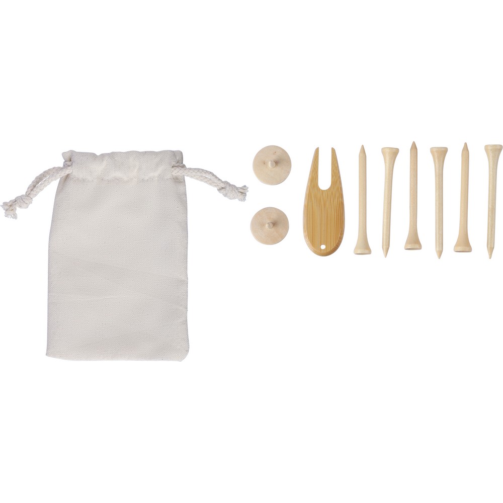 Set mit Golfzubehör aus Holz, bestehend aus 6 Holztees, 1 Bambus-Pitchgabel, 2 Holzmarkern, verpackt in einer Baumwolltasche mit Kordelzug und Anhänger im Inneren in Braun, Ansicht 3