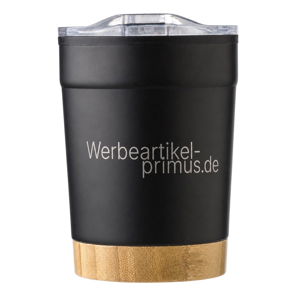 Schwarzer Thermobecher mit gelaserter Logo-Gravur Werbeartikel-primus.de