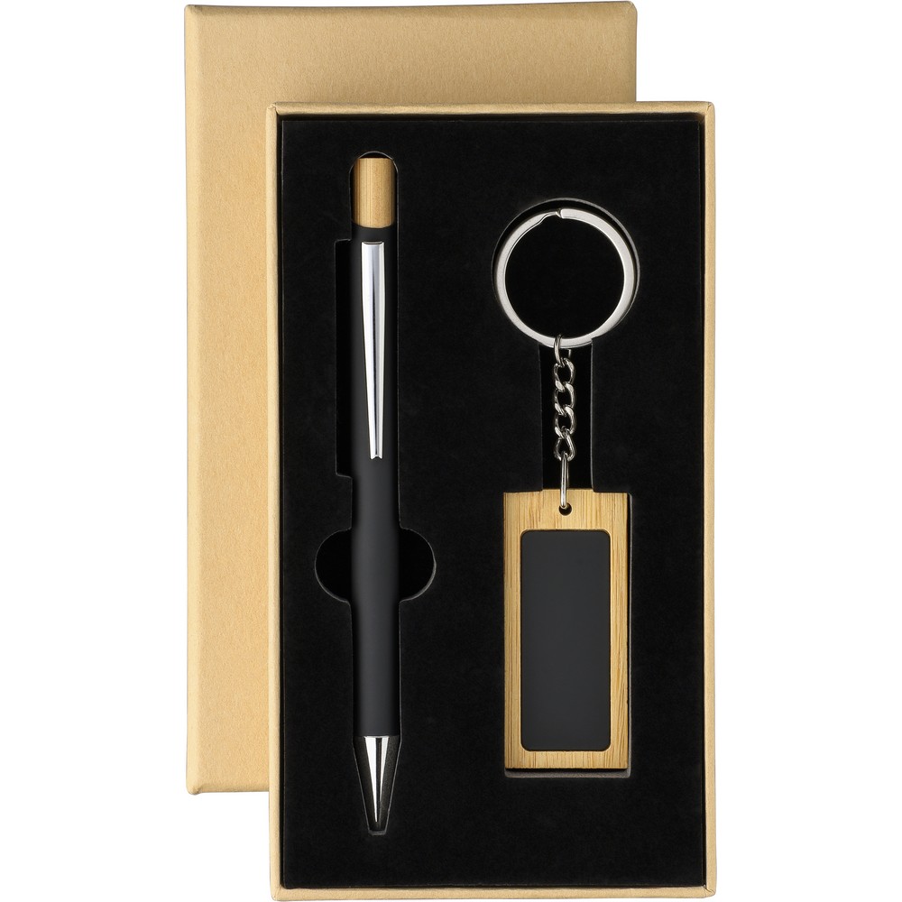 Geschenkset, Kugelschreiber, Schlüsselanhänger in Schwarz, Ansicht 4
