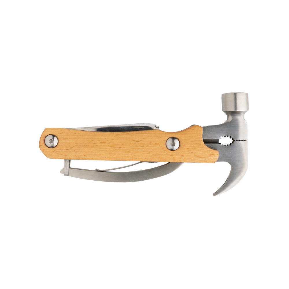 Hammer multi-tool made with FSC 100% beech wood, high hardness and corrosion resistant stainless steel (420). Rockwell hardness 42-52. The item comes with 10 functions: Plier, Nail Claw, Hammer, Wire cutter, File, Flat screwdriver, Bottle opener, Philips