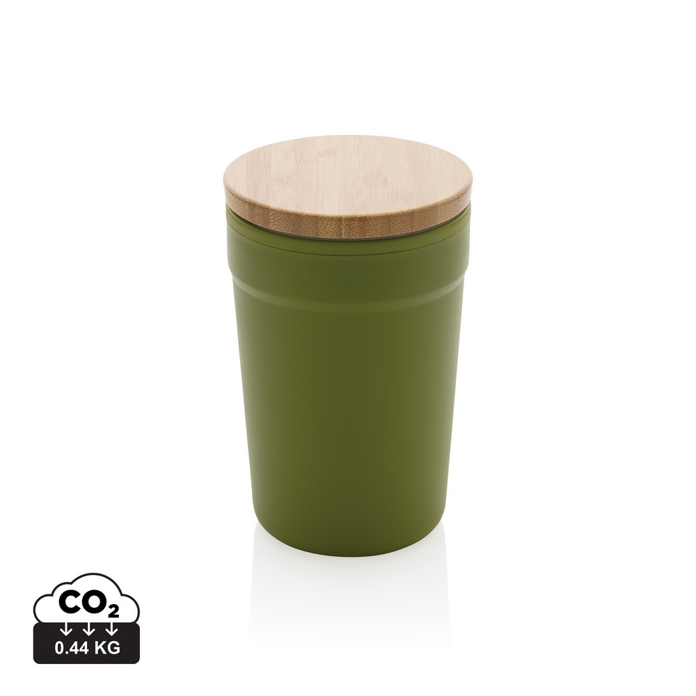 This beautiful tumbler with bamboo lid is made with GRS certified recycled PP. GRS certification ensures a completely certified supply chain of the recycled materials. The tumbler features a bamboo lid for on the go usage. Total recycled content: 52% base