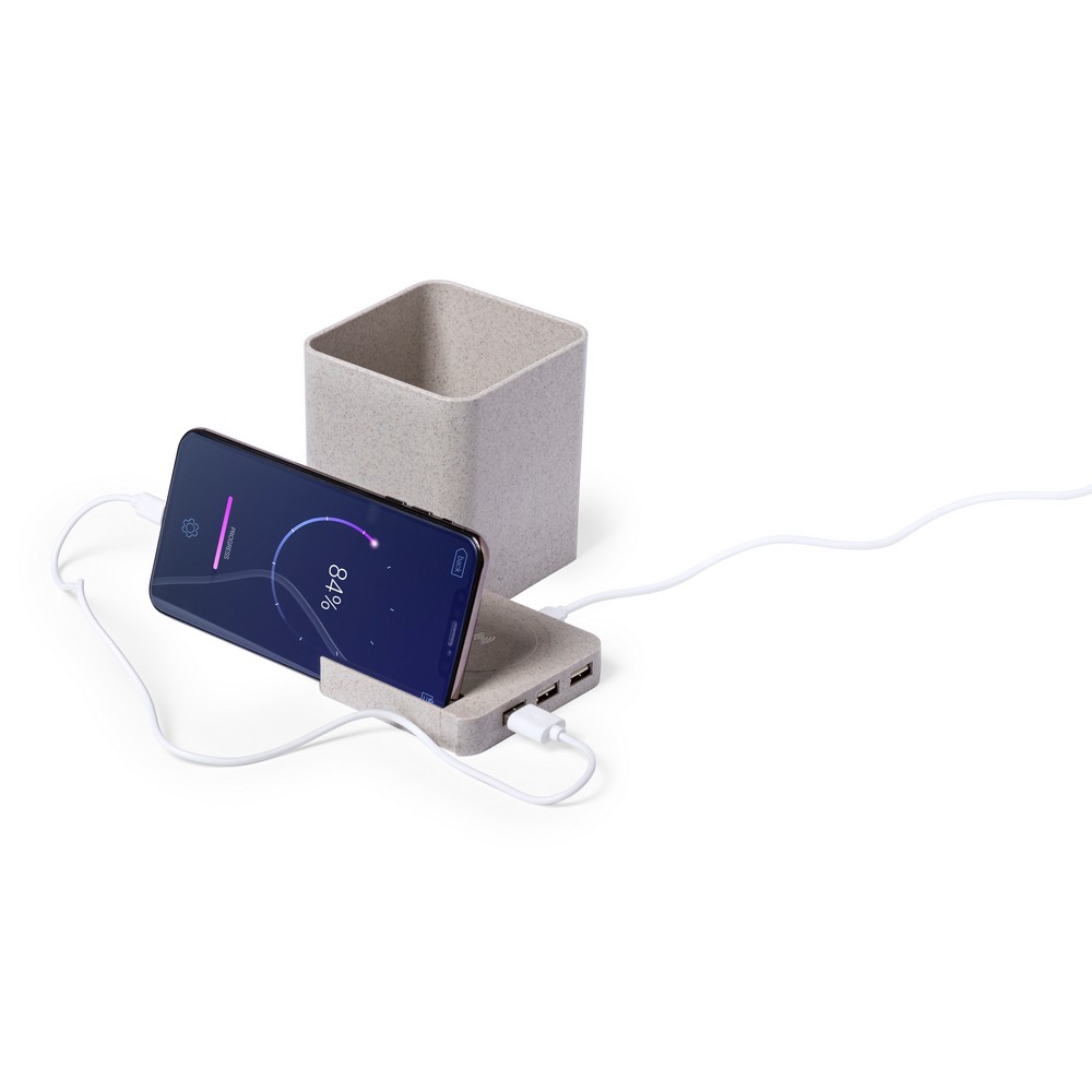 Drahtloses 5-W-Weizenstroh-Ladegerät, USB 2.0-Hub, Schreibwerkzeughalter, Telefonständer in Neutral, Ansicht 8