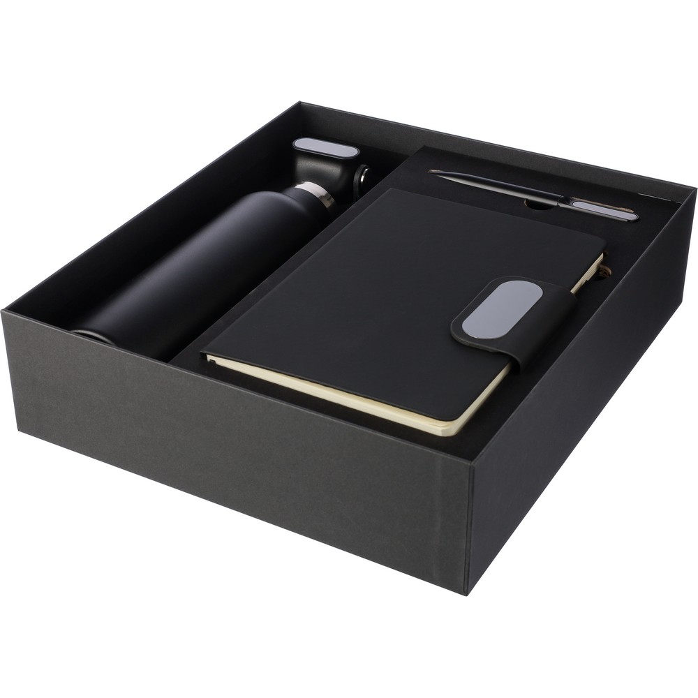 Geschenkset, Thermoflasche, Kugelschreiber, Notizbuch, Geschenkbox in Schwarz