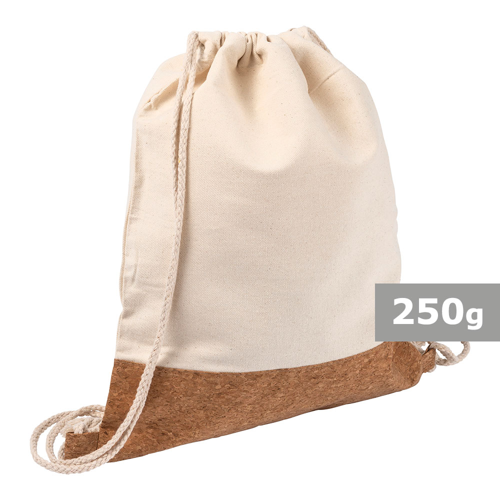 Beutel aus Baumwolle mit Kordel, Korkdetails in Beige