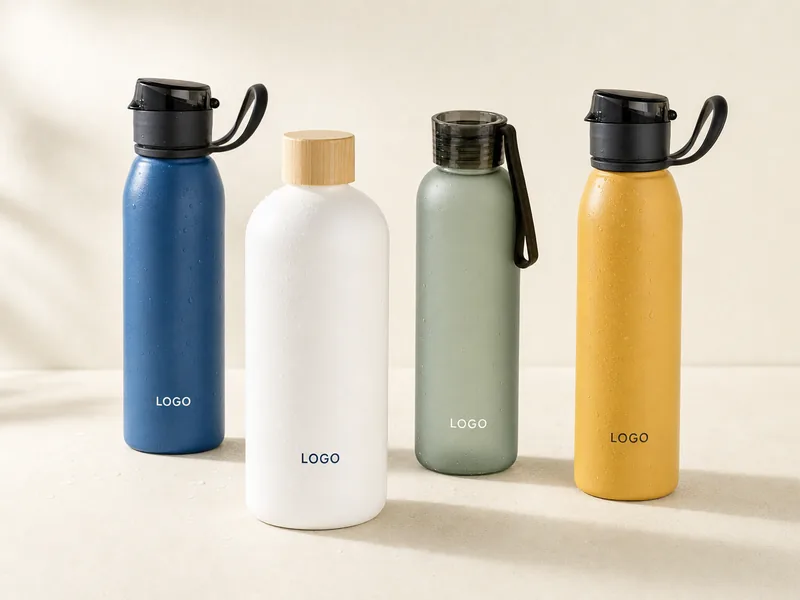 Trinkflaschen mit Logo aus Edelstahl, Glas und recyceltem Kunststoff