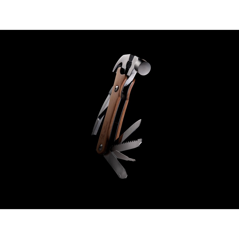 Hammer multi-tool made with FSC 100% beech wood, high hardness and corrosion resistant stainless steel (420). Rockwell hardness 42-52. The item comes with 10 functions: Plier, Nail Claw, Hammer, Wire cutter, File, Flat screwdriver, Bottle opener, Philips