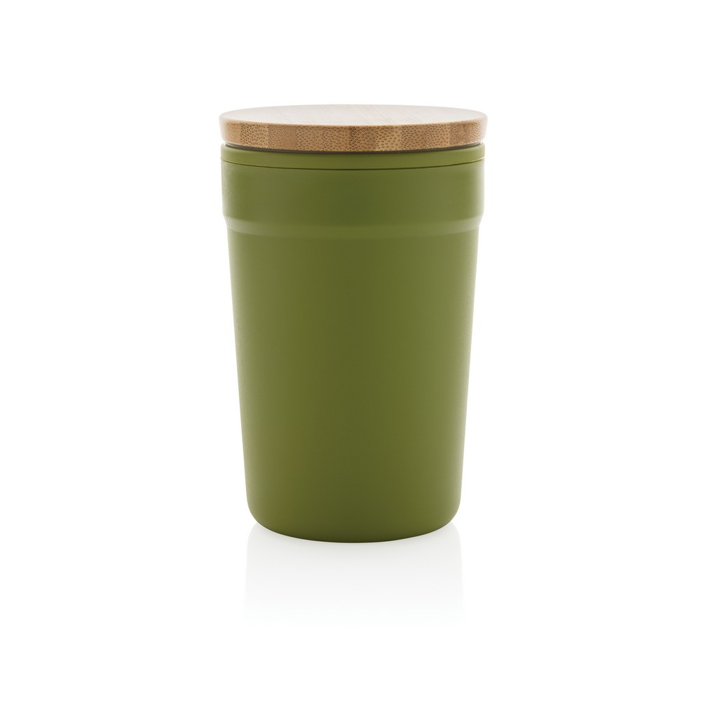 This beautiful tumbler with bamboo lid is made with GRS certified recycled PP. GRS certification ensures a completely certified supply chain of the recycled materials. The tumbler features a bamboo lid for on the go usage. Total recycled content: 52% base