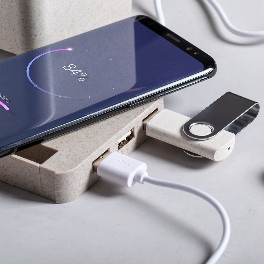 Drahtloses 5-W-Weizenstroh-Ladegerät, USB 2.0-Hub, Schreibwerkzeughalter, Telefonständer in Neutral, Ansicht 5