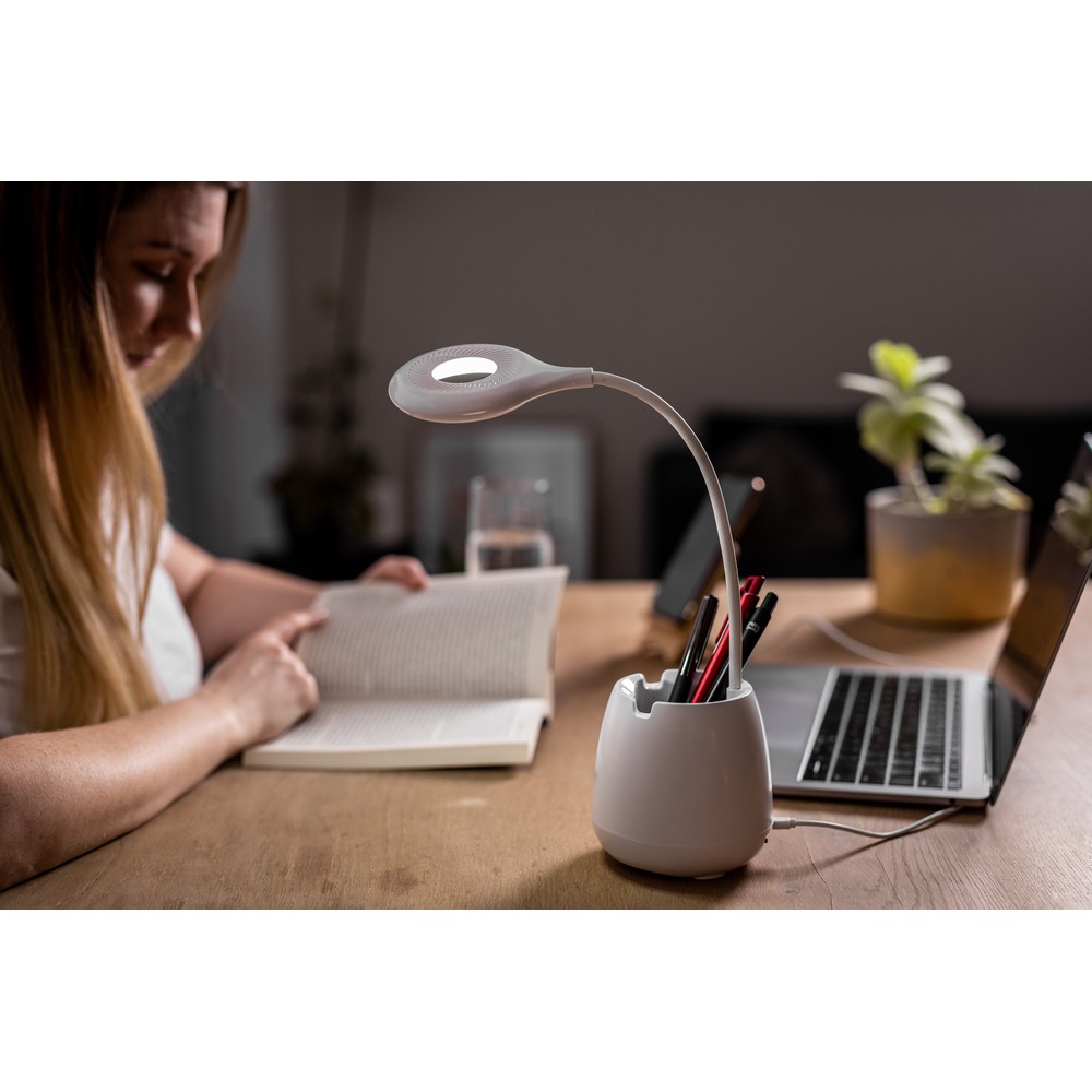Schreibtischlampe, Wireless Lautsprecher 3W, Telefonständer, Halterung für Schreibutensilien | Asar in Weiß, Ansicht 3