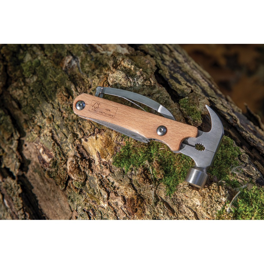 Hammer multi-tool made with FSC 100% beech wood, high hardness and corrosion resistant stainless steel (420). Rockwell hardness 42-52. The item comes with 10 functions: Plier, Nail Claw, Hammer, Wire cutter, File, Flat screwdriver, Bottle opener, Philips