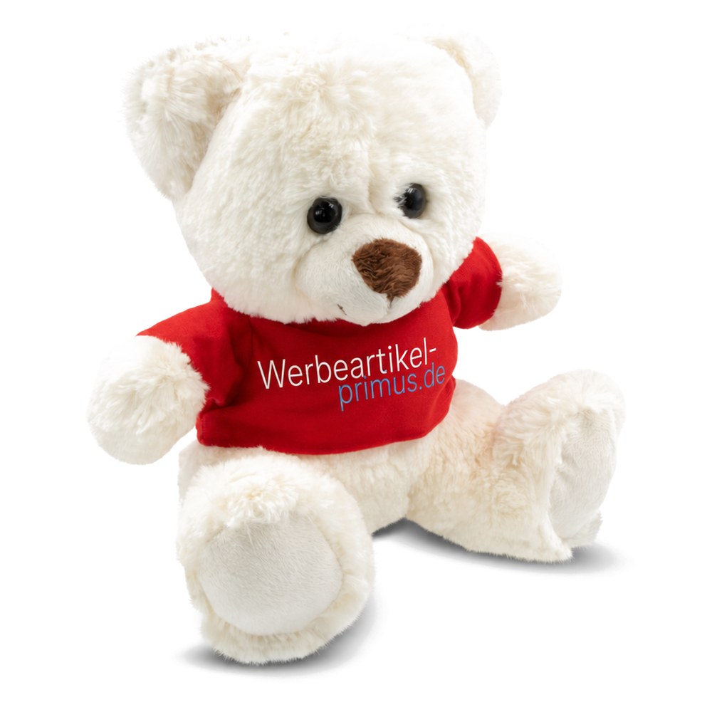 Weißer Teddybär mit rotem T-Shirt, bedruckt mit dem Logo Werbeartikel-primus.de