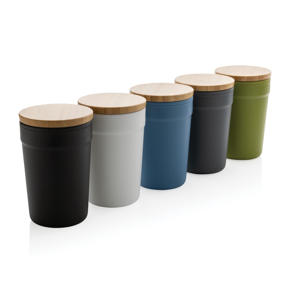 This beautiful tumbler with bamboo lid is made with GRS certified recycled PP. GRS certification ensures a completely certified supply chain of the recycled materials. The tumbler features a bamboo lid for on the go usage. Total recycled content: 52% base
