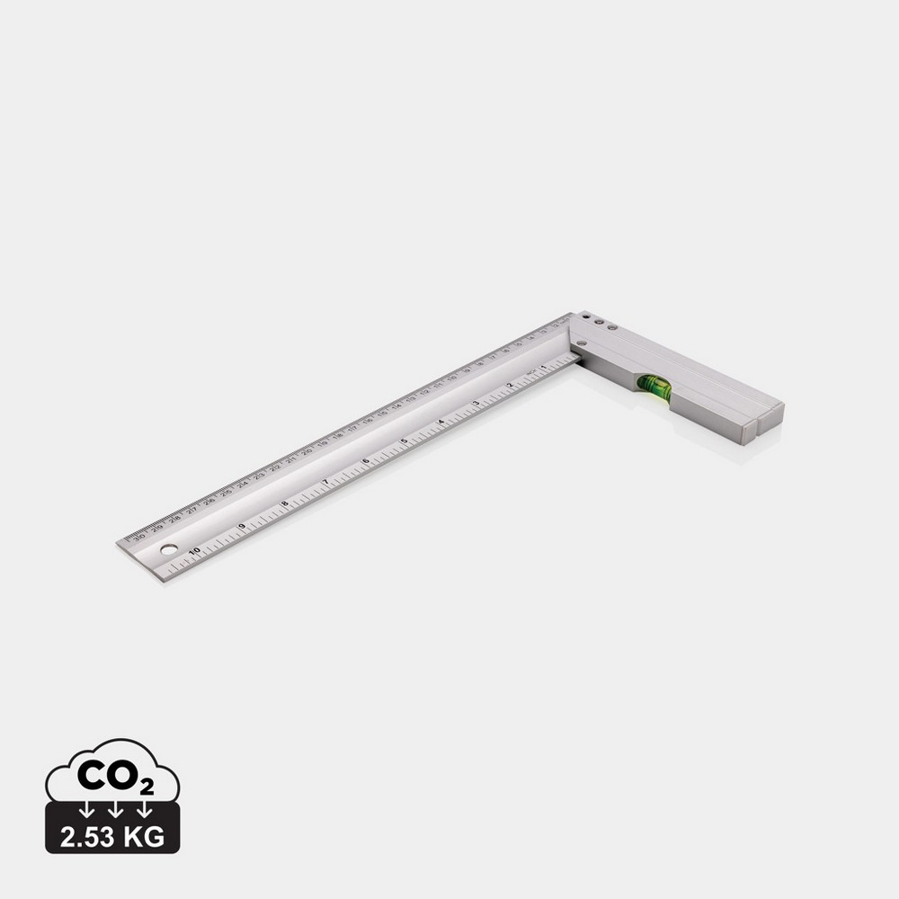 Professional aluminum square ruler with integrated level optimal to measure corners and draw squares. Double sided printing with indication in CM (30) and inches (10) Level Accuracy 0.5mm in Silber